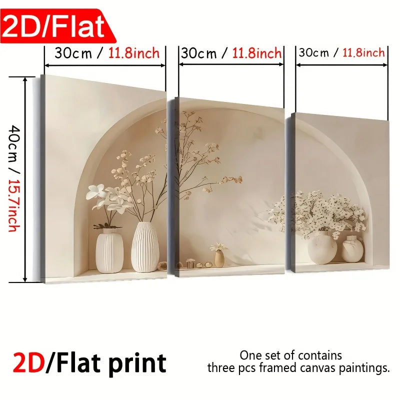 Three framed canvas paintings with dimensions and a decorative setting.