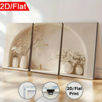 Three-panel wall art print of a room with decorative vases and plants, labeled '2D/Flat Print'.