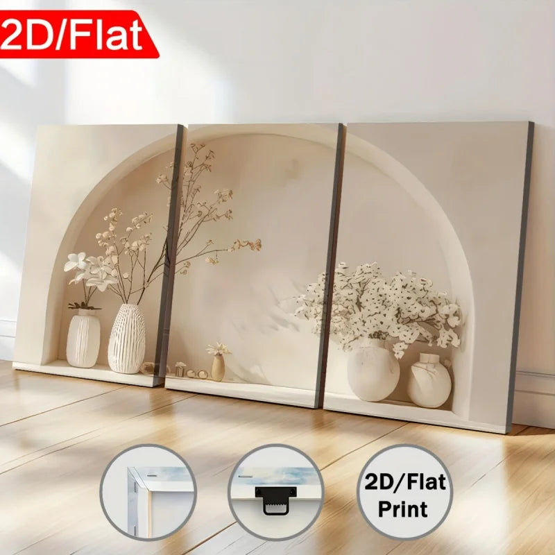Three-panel wall art print of a room with decorative vases and plants, labeled '2D/Flat Print'.