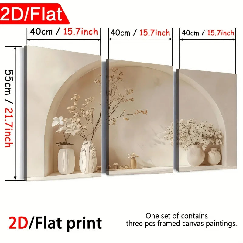 Three framed canvas paintings with dimensions and a decorative theme.