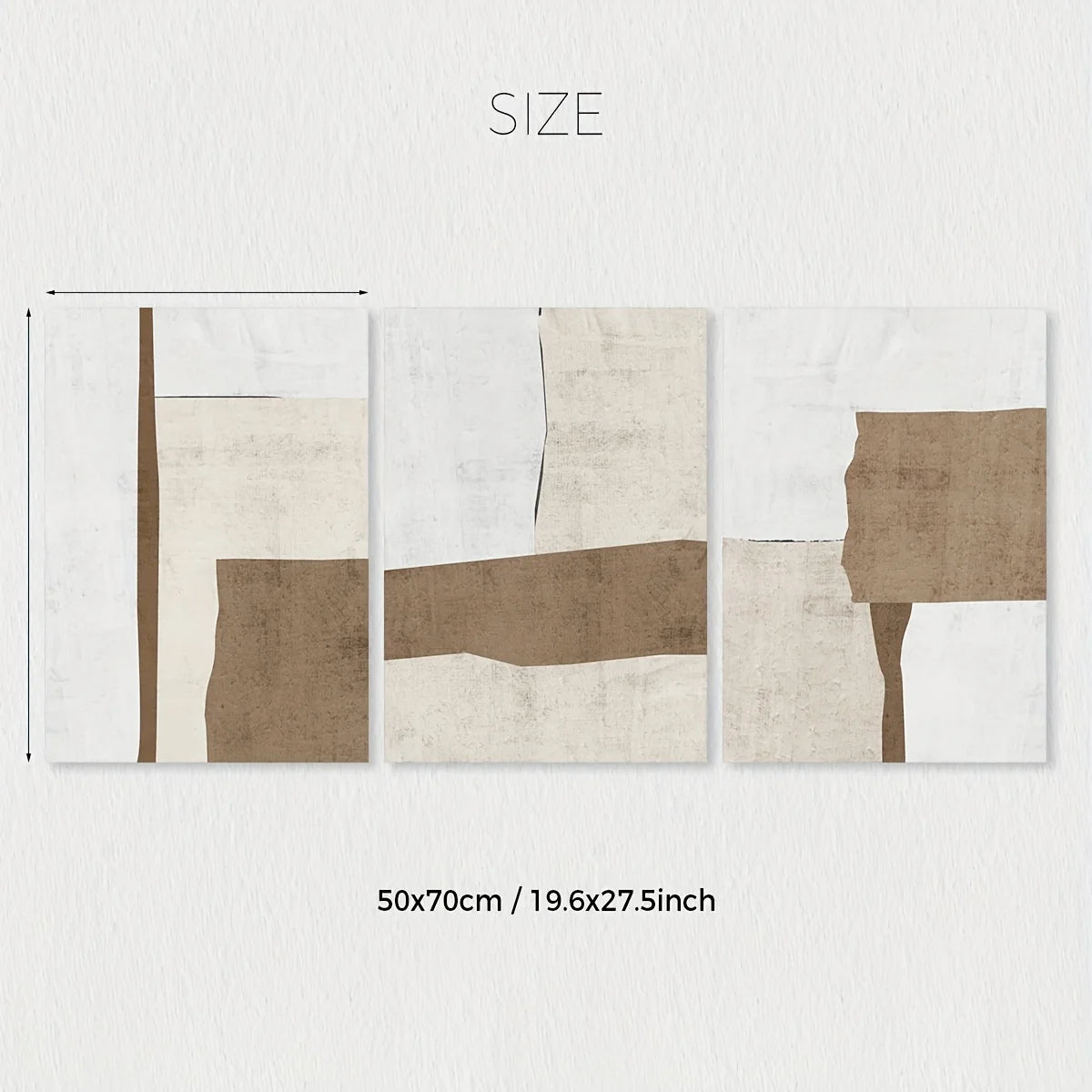 Abstract art piece with brown and beige shapes on a white background, accompanied by size dimensions.