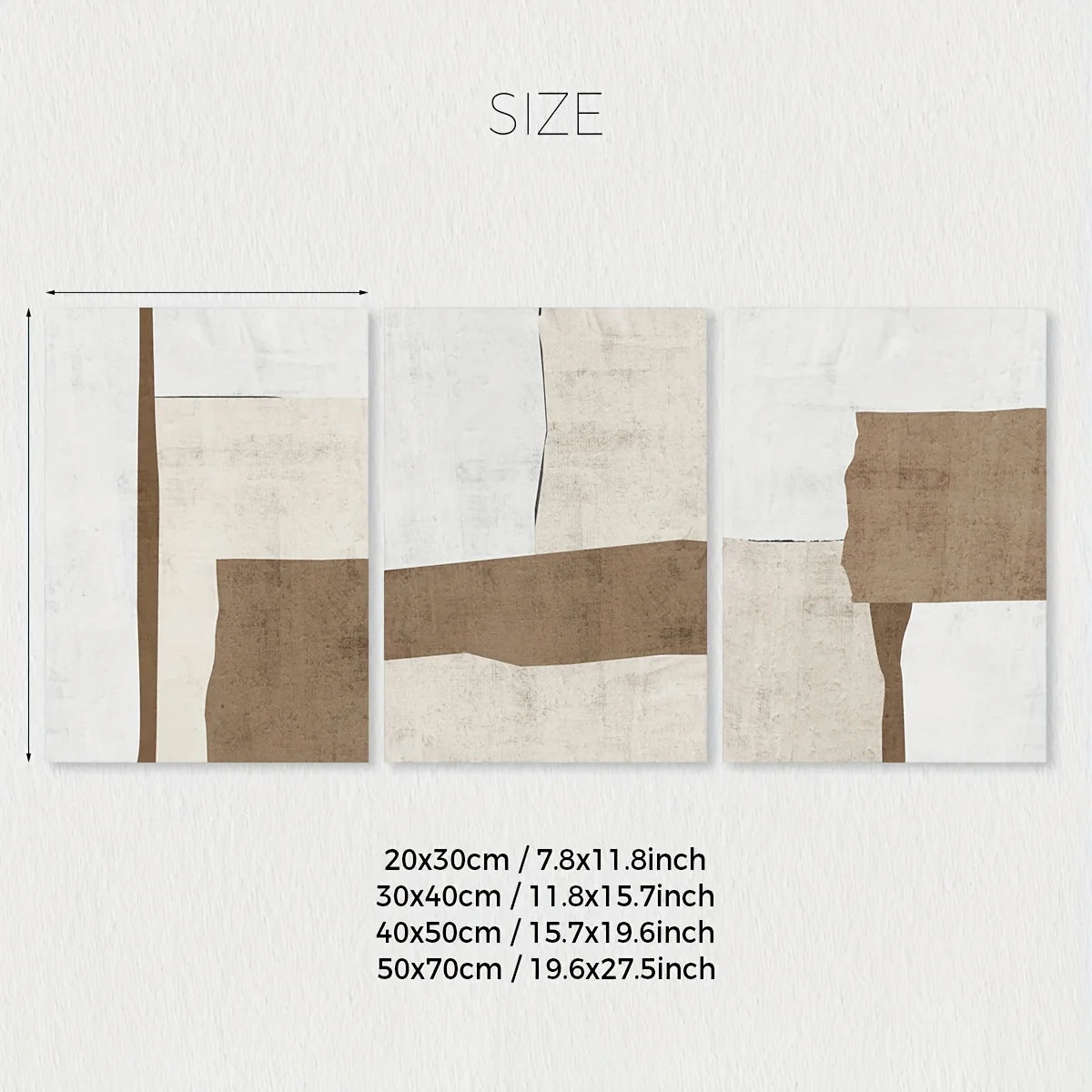 Abstract art piece with brown and beige shapes on a white background, featuring size measurements.