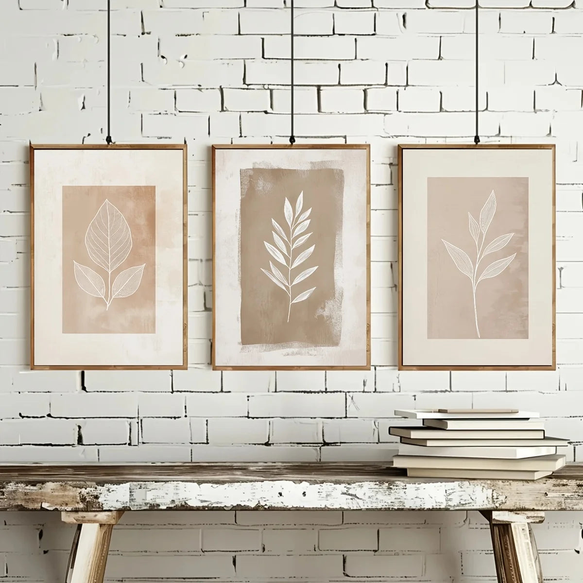Three framed leaf prints on a white brick wall with a wooden table below.