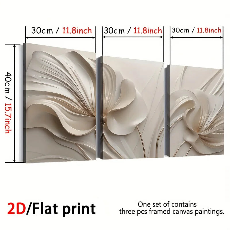 Three framed canvas paintings with dimensions and a description of a flat print set.