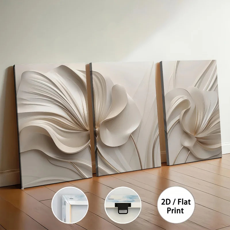 Set of three abstract wall art prints on a wooden floor with '2D/Flat Print' text.