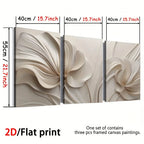 Three framed canvas paintings with floral design and dimensions displayed.