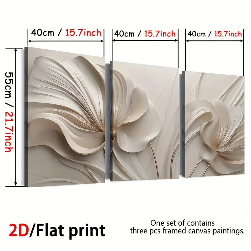 Three framed canvas paintings with floral design and dimensions displayed.