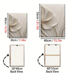 Dimensions and back views of a floral wall art piece with measurements in centimeters and inches.
