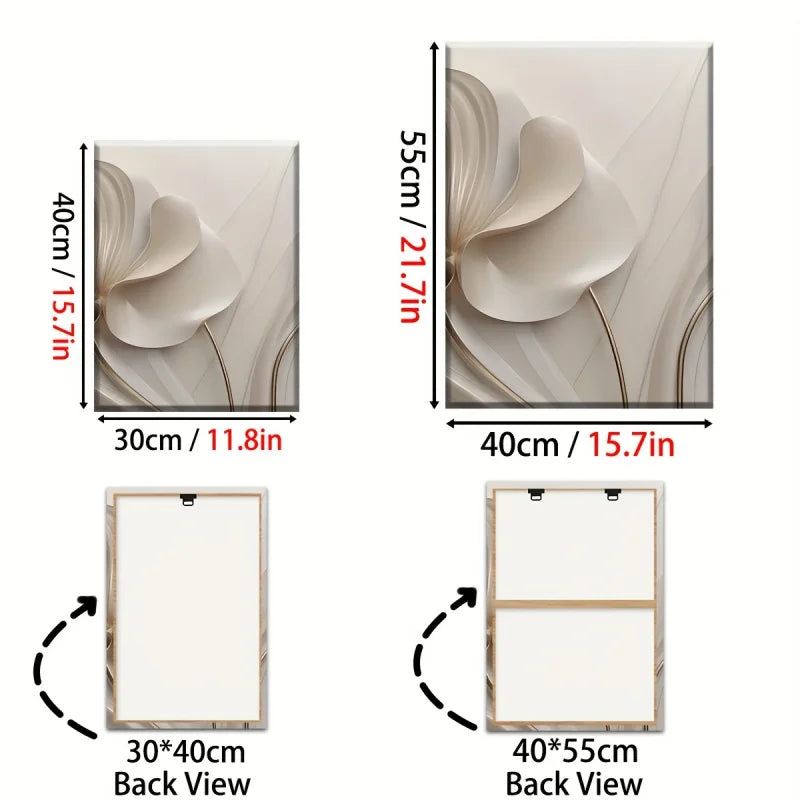 Dimensions and back views of a floral wall art piece with measurements in centimeters and inches.