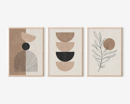 Three abstract art prints with geometric shapes on a white background