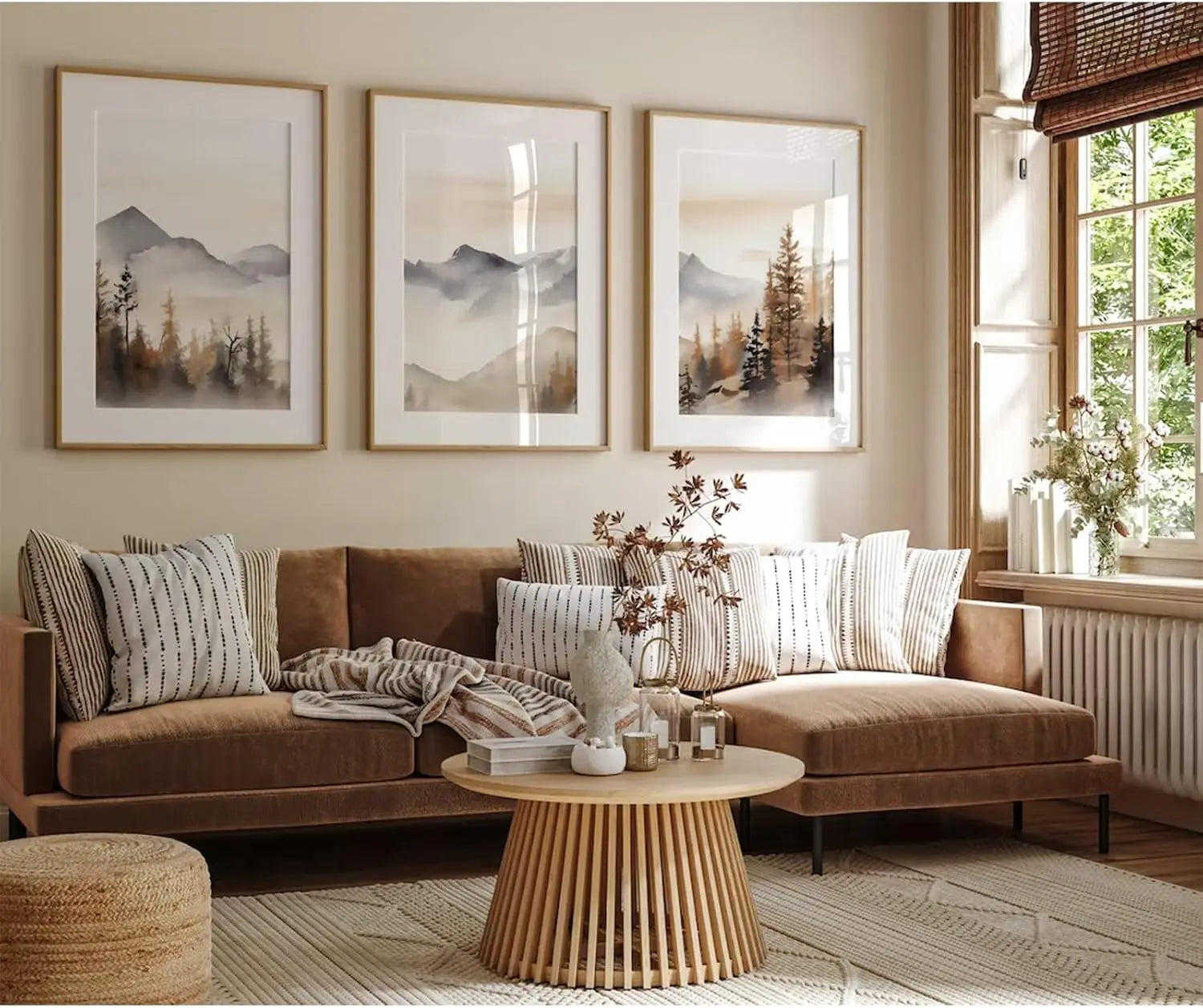Living room with a brown sectional sofa, coffee table, and wall art.