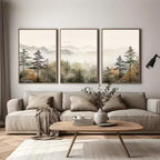 Set of 3Pcs Misty Mountain Forest Wall Art Fine Art Canvas Prints Modern Landscape Neutral Tones Artwork For Living Room