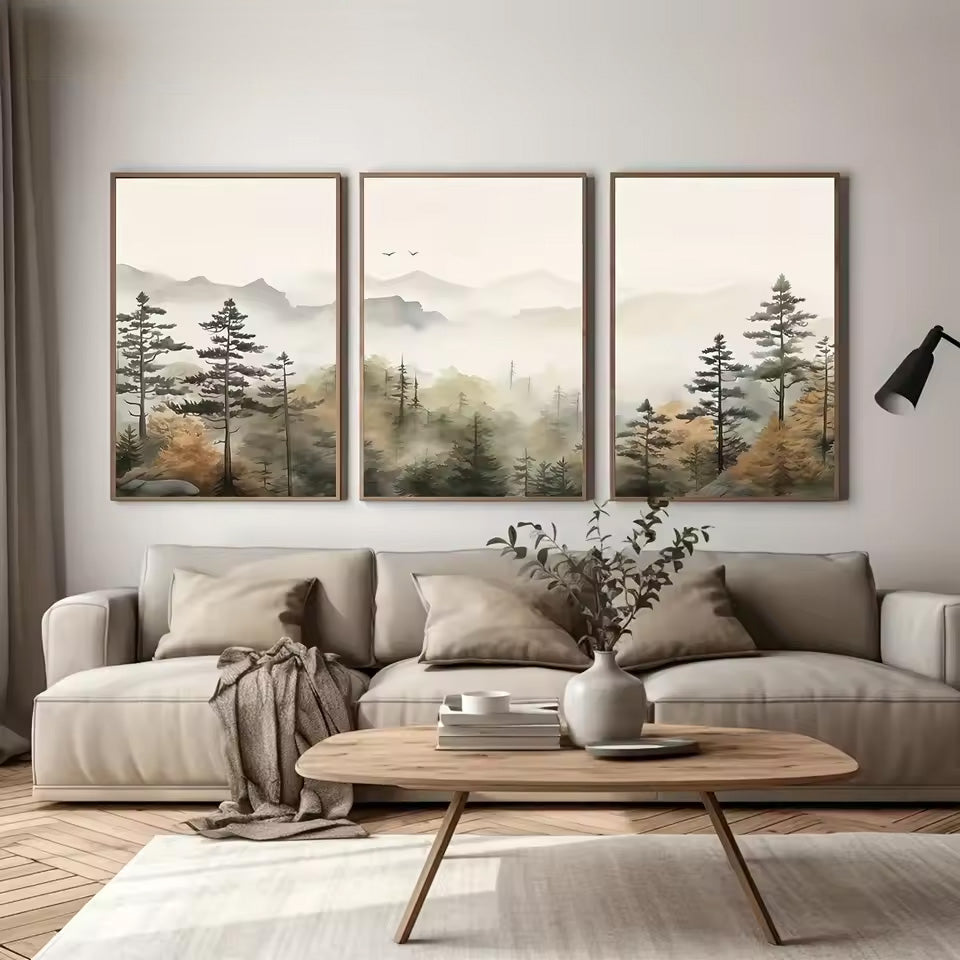 Set of 3Pcs Misty Mountain Forest Wall Art Fine Art Canvas Prints Modern Landscape Neutral Tones Artwork For Living Room