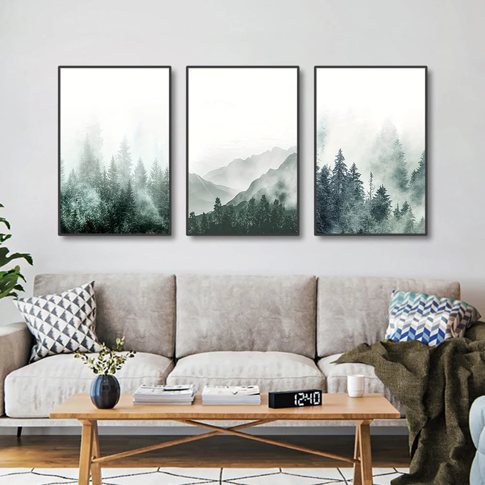 Set of 3Pcs Misty Mountain Forest Wall Art Fine Art Canvas Prints Modern Minimalist Nordic Landscape Pictures For Scandinavian Style Living Room Decor