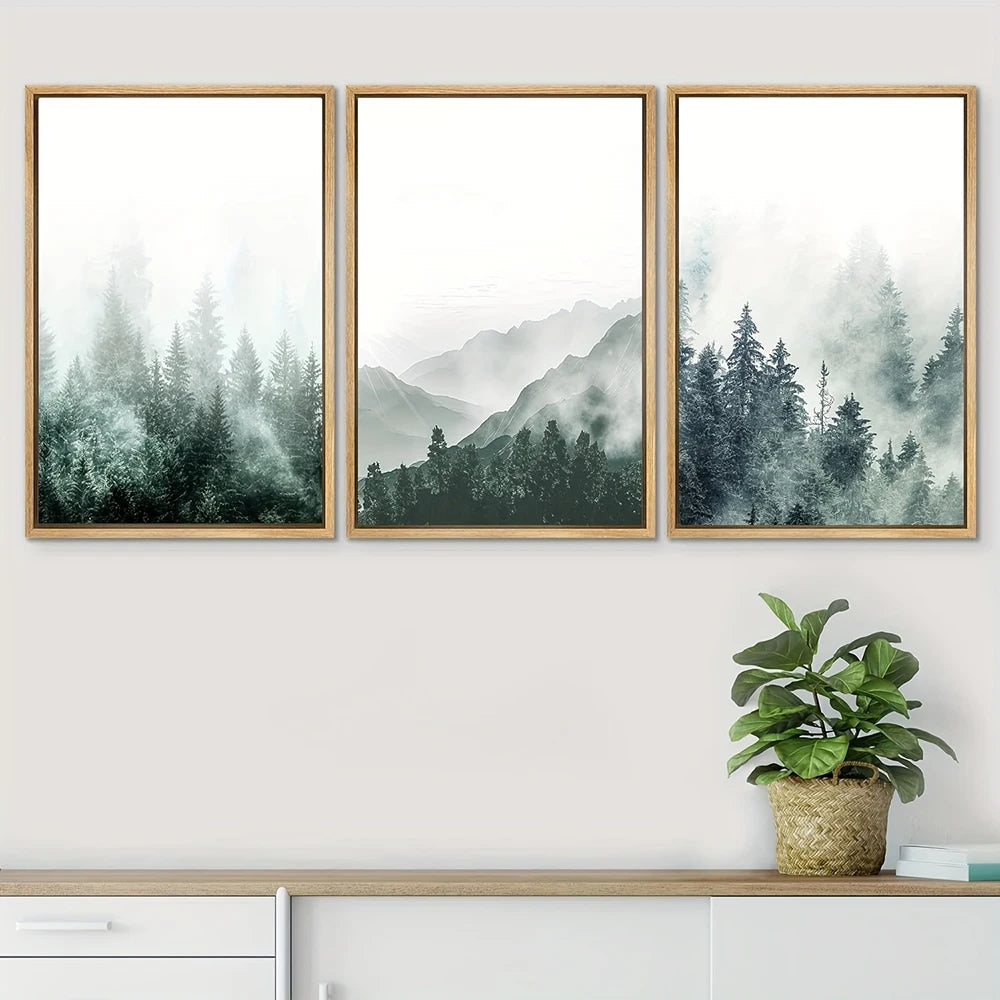 Set of 3Pcs Misty Mountain Forest Wall Art Fine Art Canvas Prints Modern Minimalist Nordic Landscape Pictures For Scandinavian Style Living Room Decor
