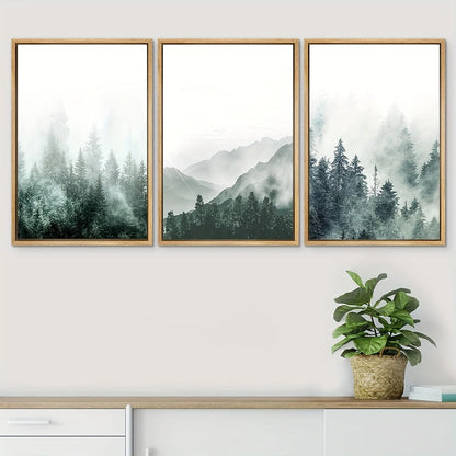 Set of 3Pcs Misty Mountain Forest Wall Art Fine Art Canvas Prints Modern Minimalist Nordic Landscape Pictures For Scandinavian Style Living Room Decor
