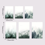 Set of six forest and mountain wall art prints with dimensions displayed.