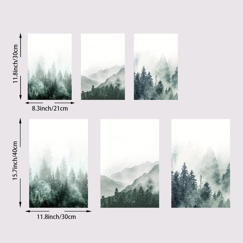 Set of six forest and mountain wall art prints with dimensions displayed.