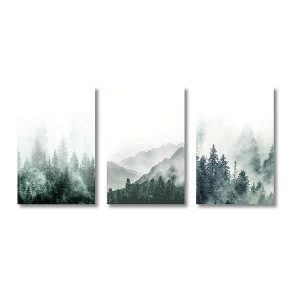 Triptych of mountain and forest landscape with mist on a white background