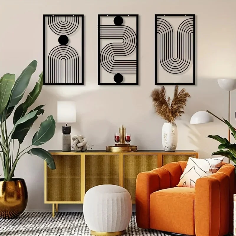 Set of 3Pcs Modern Abstract Geometric Metal Wall Art Plaques 3d Crafted Iron Art Wall Decoration For Living Room Bedroom Creative Nordic Home Decor