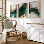 Living room with wicker chair, white cabinet, and abstract art on the wall