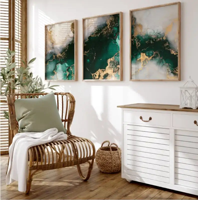 Living room with wicker chair, white cabinet, and abstract art on the wall