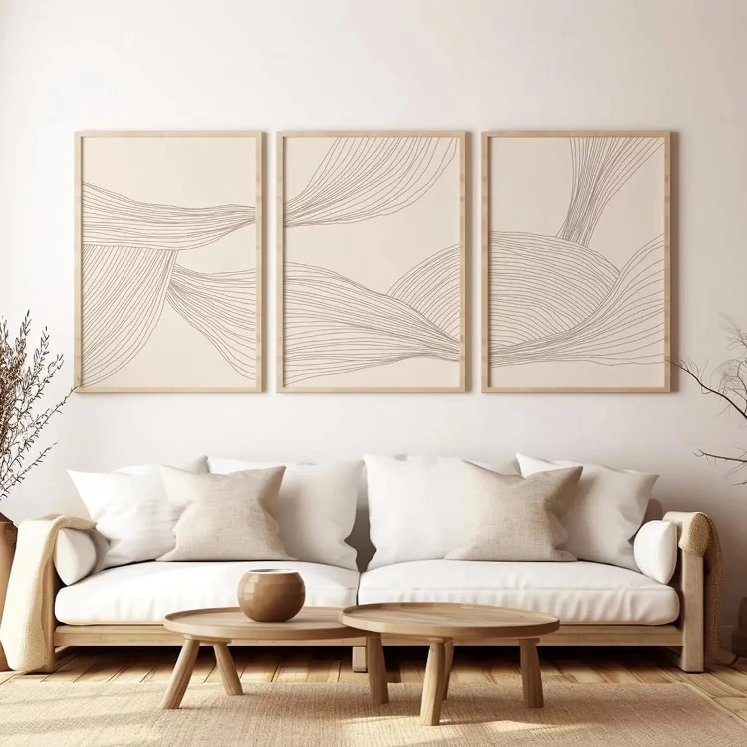 Modern living room with a white sofa, wooden coffee tables, and abstract wall art.