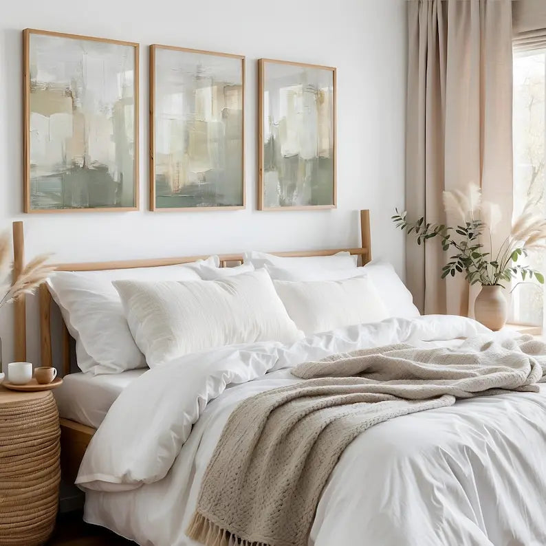 Neatly made bed with white bedding and beige blanket in a bedroom setting.