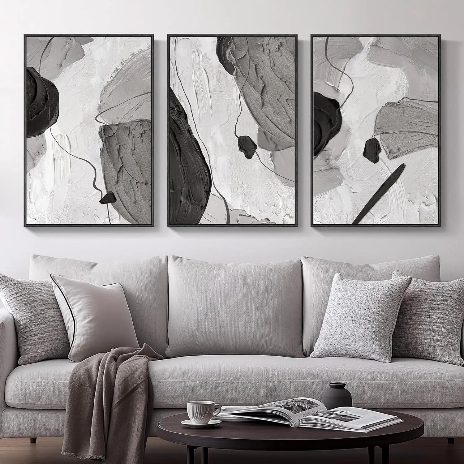 Gray sofa with abstract art on the wall