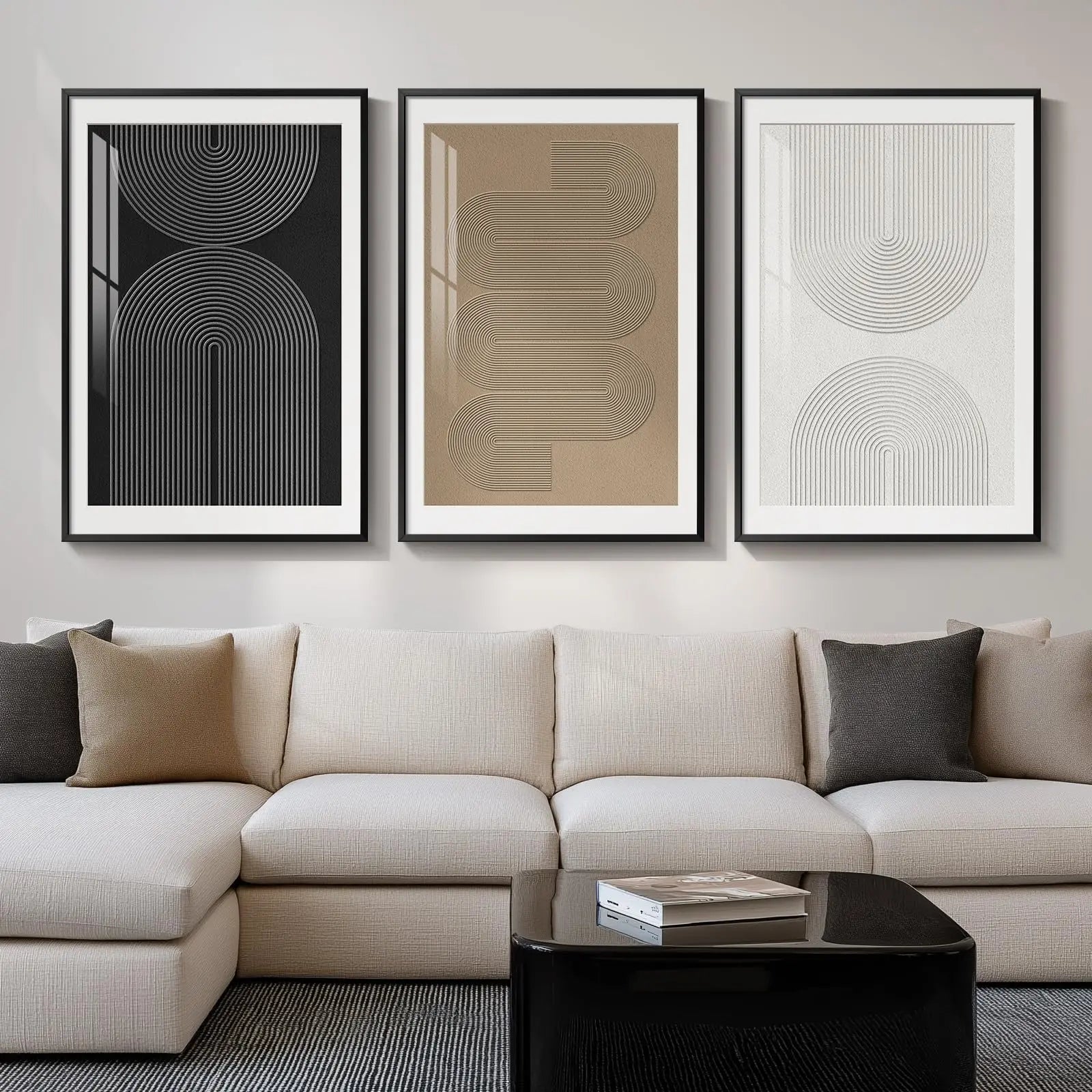 Modern living room with a beige sectional sofa and abstract art on the wall.