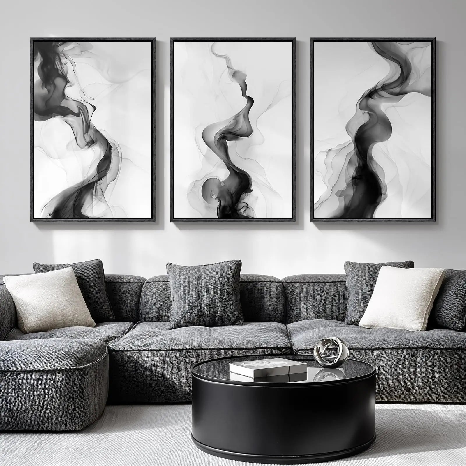 Gray sectional sofa with abstract art on a gray wall