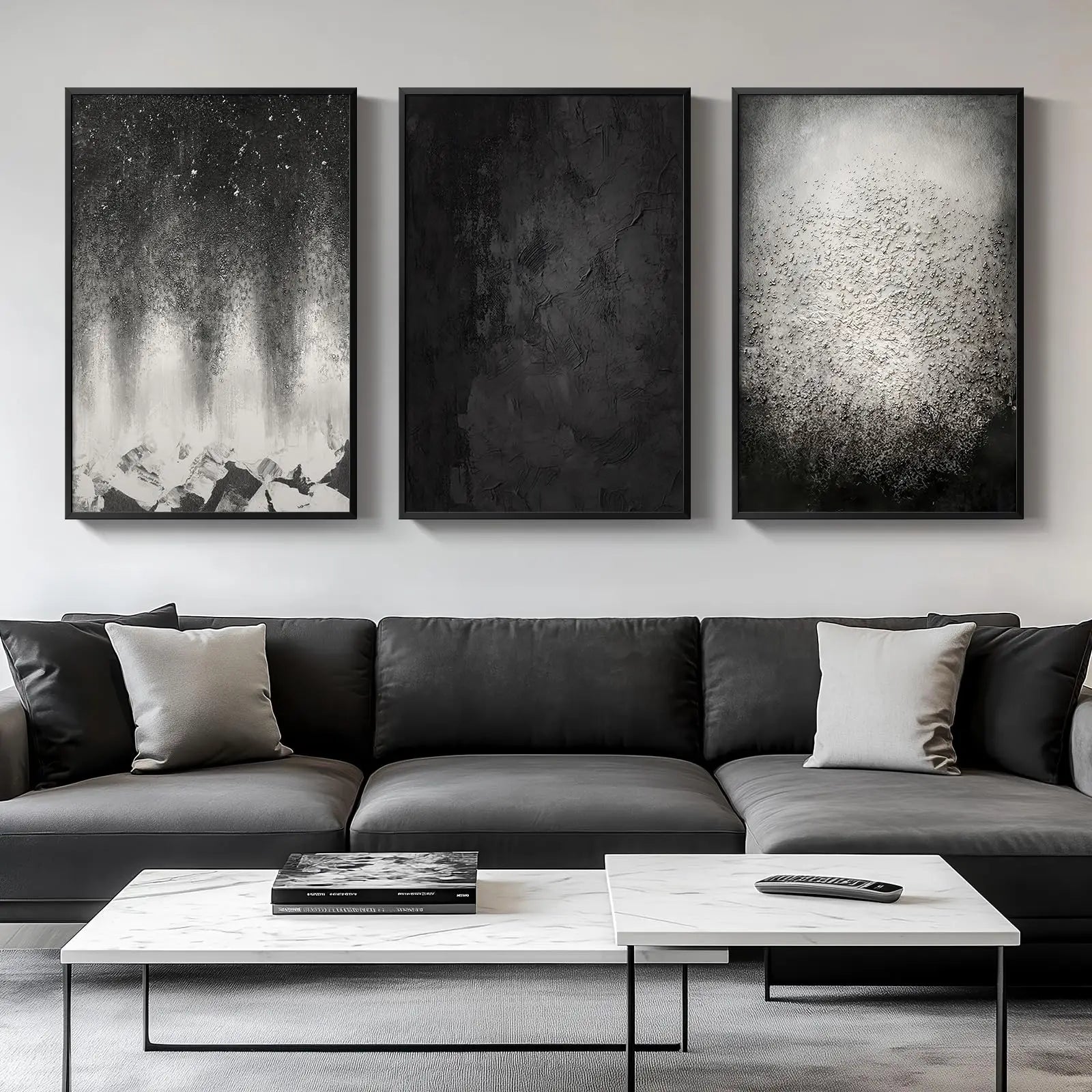 Modern living room with a gray sectional sofa and abstract art on the wall.