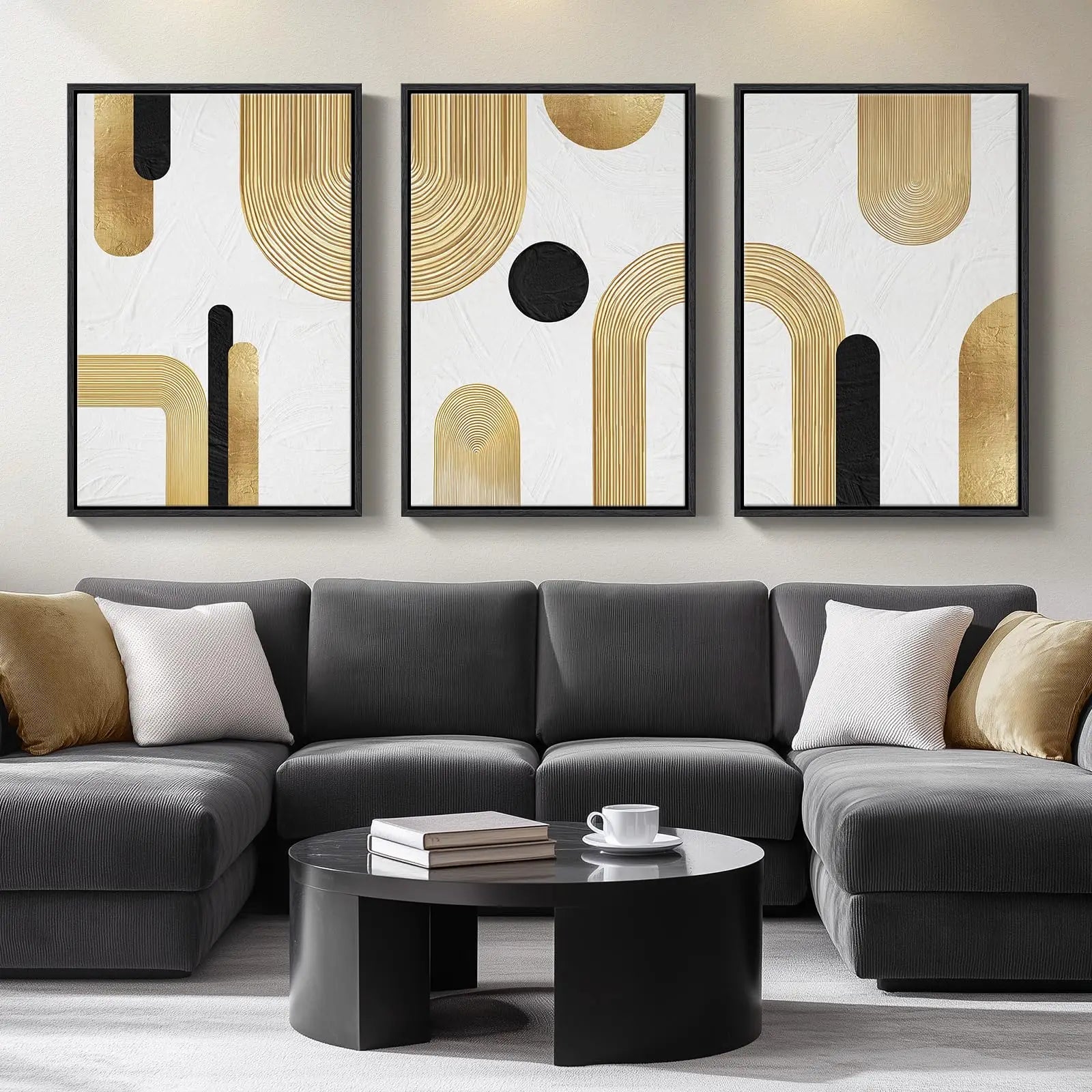 Gray sectional sofa with abstract art on the wall