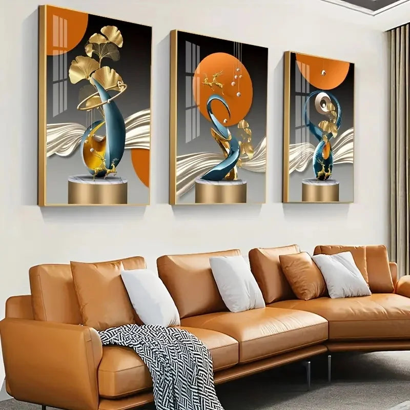 Set of 3Pcs Modern Aesthetics Abstract Golden Deer Wall Art Fine Art Canvas Prints Pictures For Living Room Dining Room Art For Contemporary Interiors