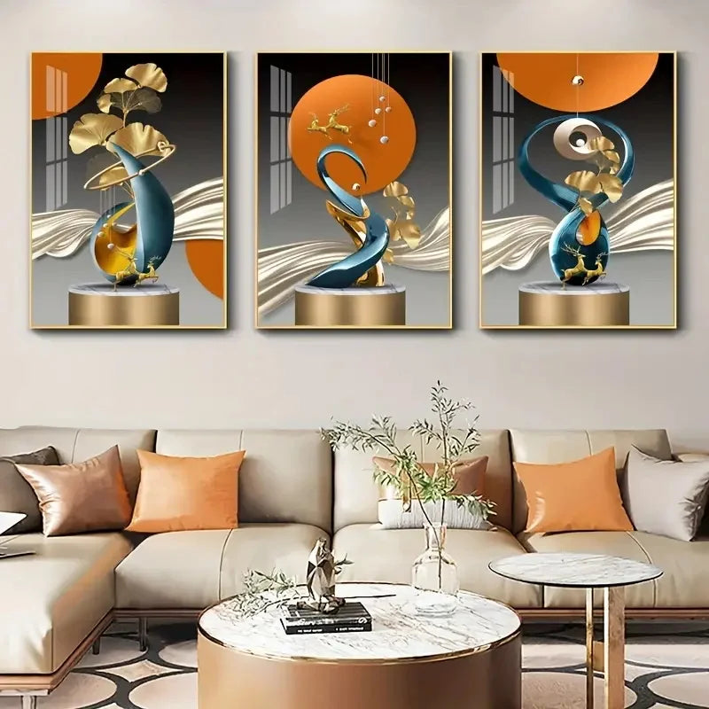 Set of 3Pcs Modern Aesthetics Abstract Golden Deer Wall Art Fine Art Canvas Prints Pictures For Living Room Dining Room Art For Contemporary Interiors