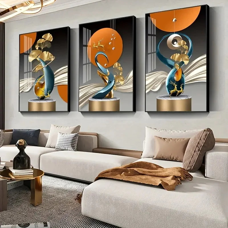 Set of 3Pcs Modern Aesthetics Abstract Golden Deer Wall Art Fine Art Canvas Prints Pictures For Living Room Dining Room Art For Contemporary Interiors