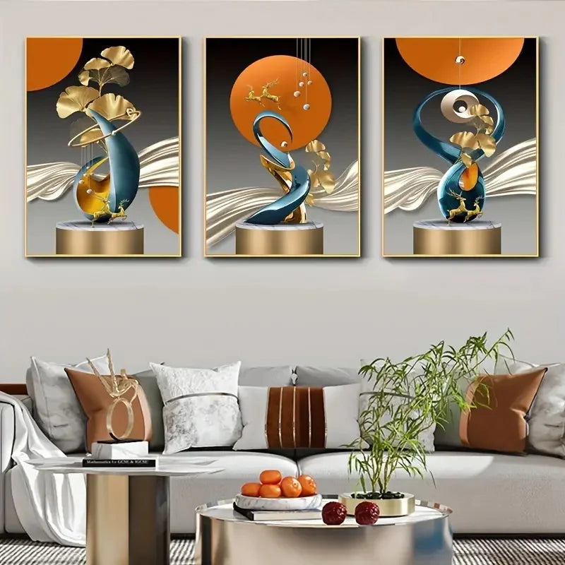 Set of 3Pcs Modern Aesthetics Abstract Golden Deer Wall Art Fine Art Canvas Prints Pictures For Living Room Dining Room Art For Contemporary Interiors