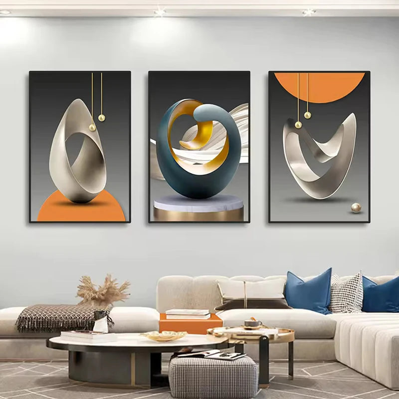 Modern living room with abstract wall art and a sofa.