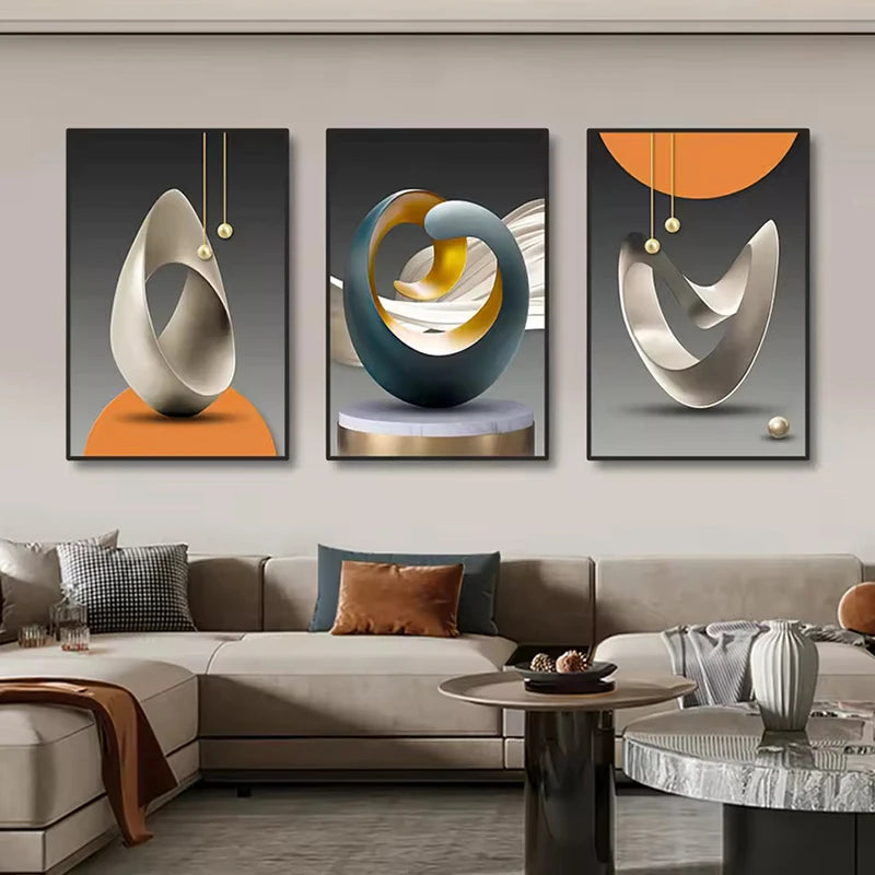 Three abstract art pieces on a wall above a sofa in a living room.