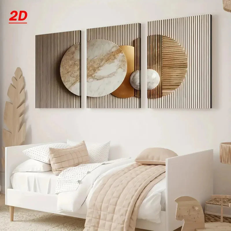 Modern bedroom with abstract wall art above a bed