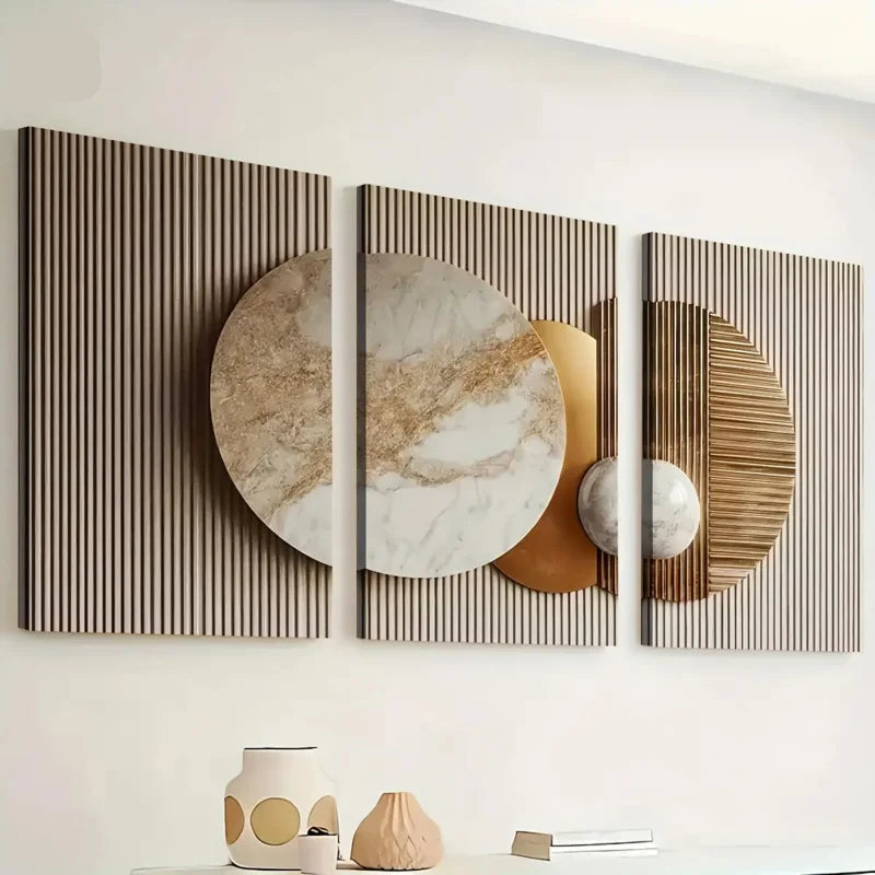 Modern wall art with geometric shapes on a white wall