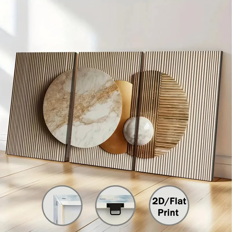 Decorative wall art with geometric shapes on a wooden floor
