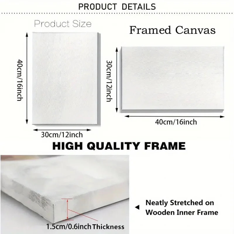 Framed canvas with dimensions and quality details on a white background