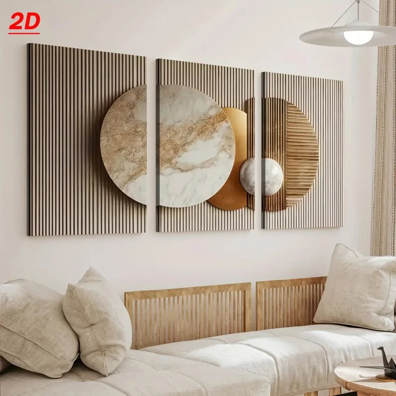 Decorative wall art with circular designs in a living room setting.