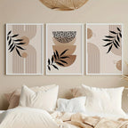 Set of 3Pcs Neutral Boho Botanical Wall Art Fine Art Canvas Prints Prints – Mid-Century Style Modern Geometric Leaves Artworks For Living Room in Brown & Black