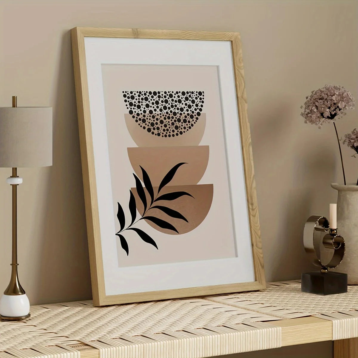 Set of 3Pcs Neutral Boho Botanical Wall Art Fine Art Canvas Prints Prints – Mid-Century Style Modern Geometric Leaves Artworks For Living Room in Brown & Black