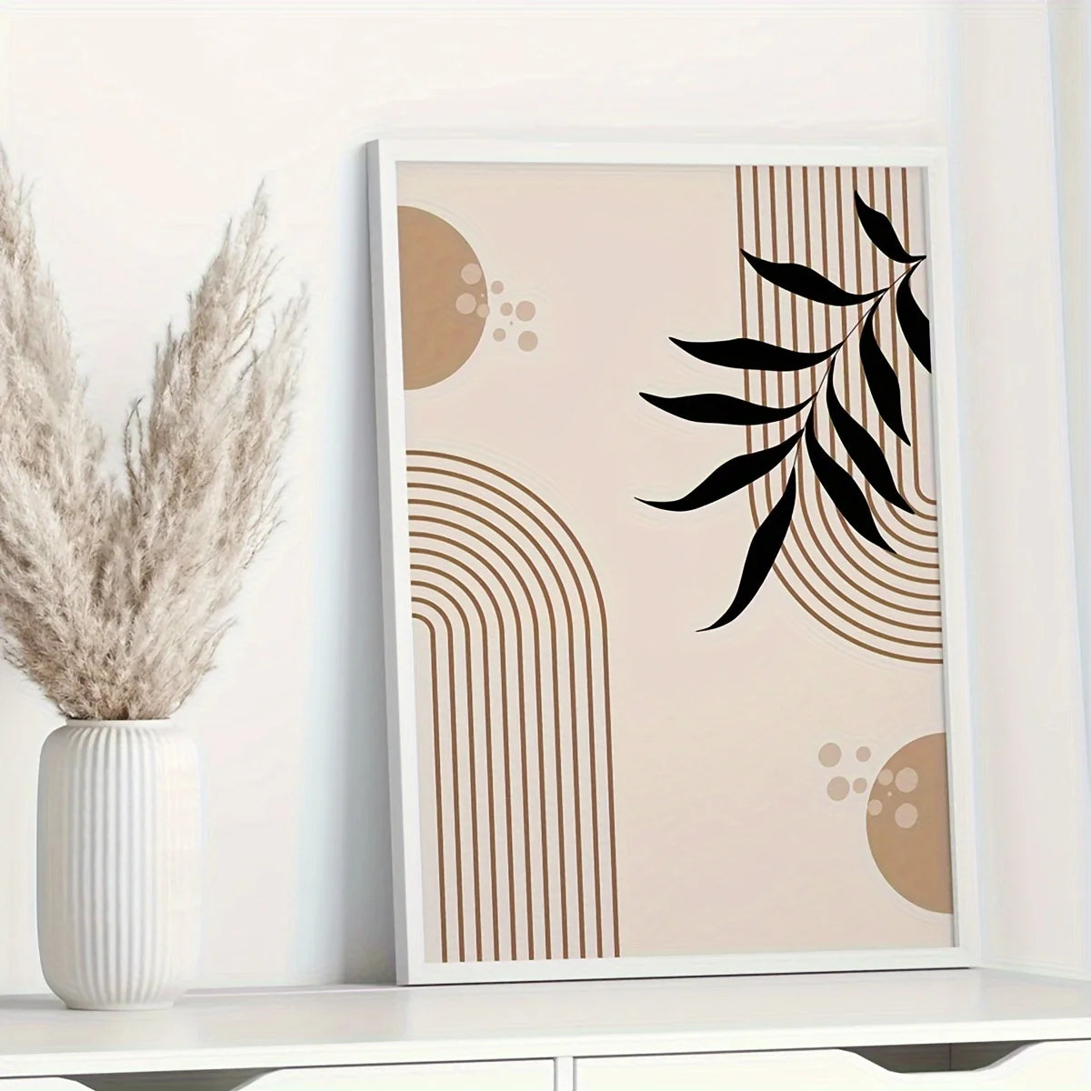 Set of 3Pcs Neutral Boho Botanical Wall Art Fine Art Canvas Prints Prints – Mid-Century Style Modern Geometric Leaves Artworks For Living Room in Brown & Black