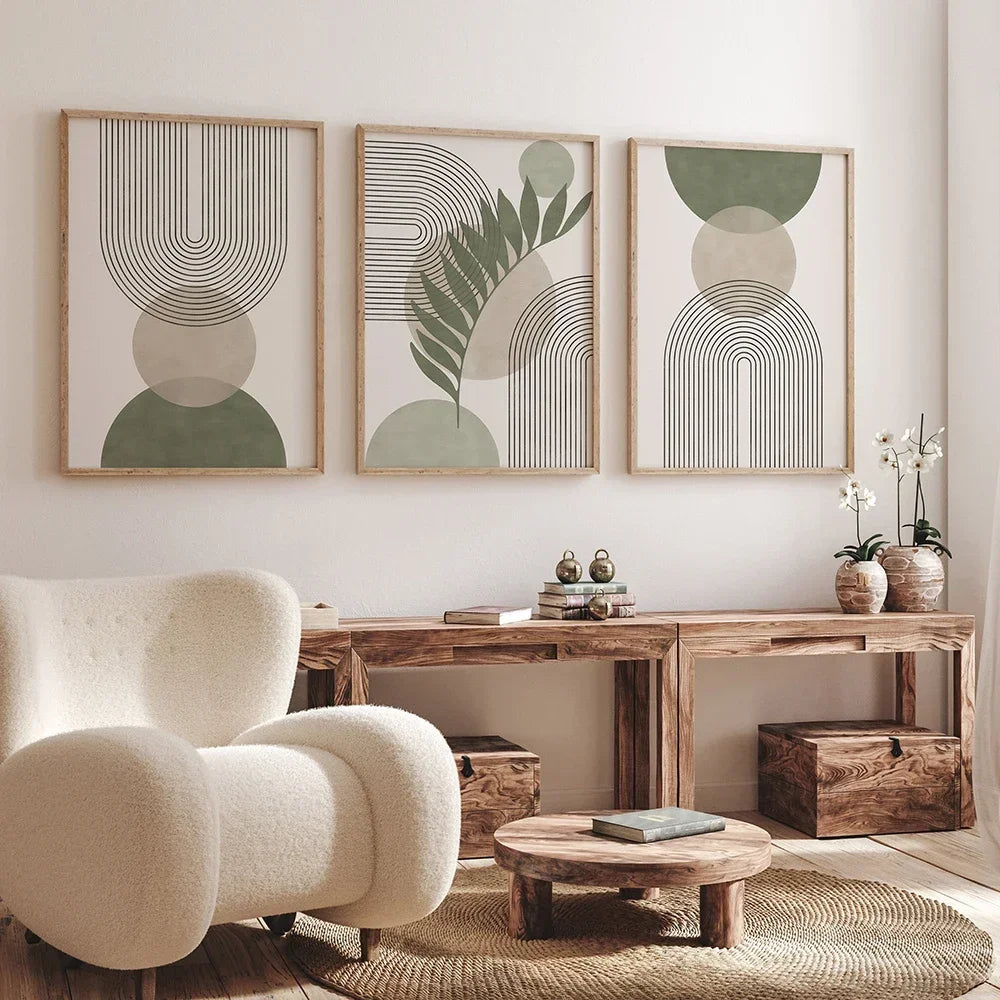 Set of 3Pcs Neutral Colors Beige Green Abstract Geometric Botanical Wall Art Fine Art Canvas Prints Pictures For Living Room Dining Room Art Decor