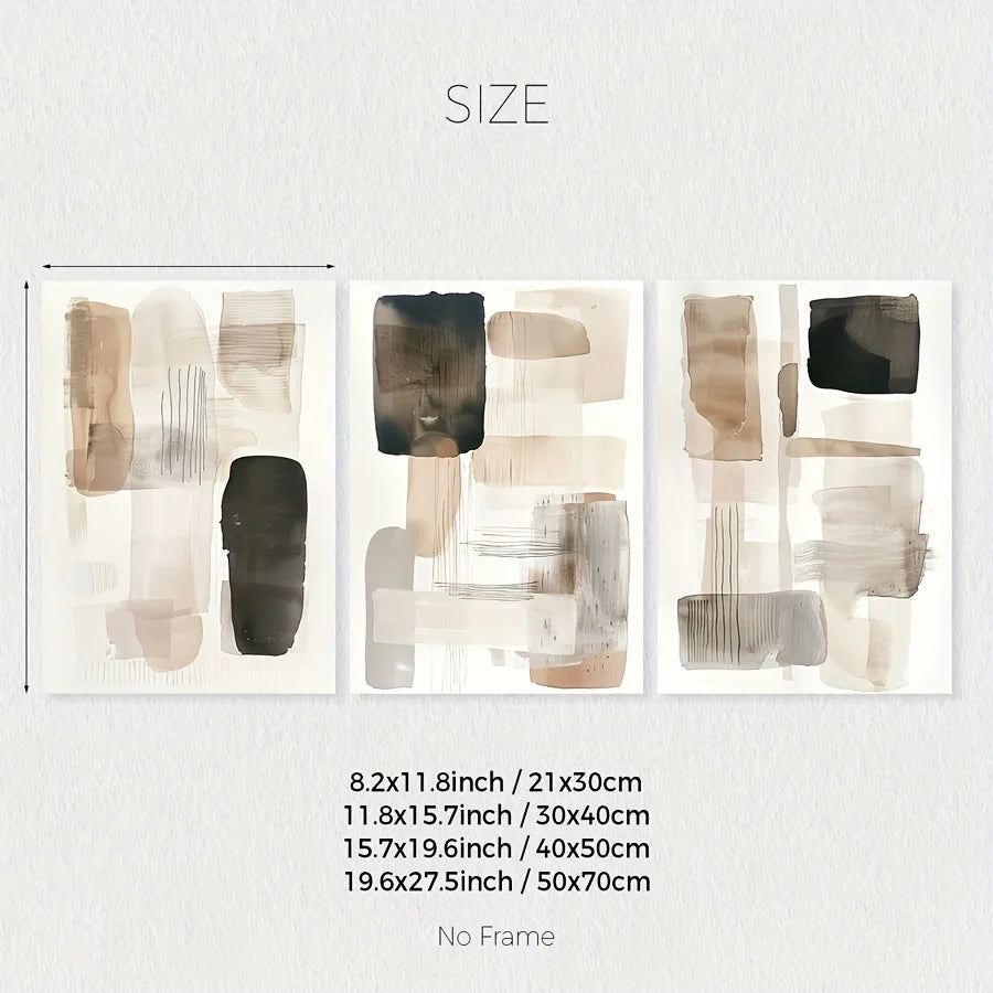 Abstract art prints with size measurements on a white background