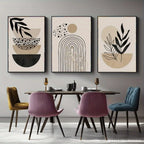 Set of 3Pcs Neutral Tones Beige Black Geometric Botanical Wall Art Fine Art Canvas Prints Modern Abstract Minimalist Pictures For Dining Room